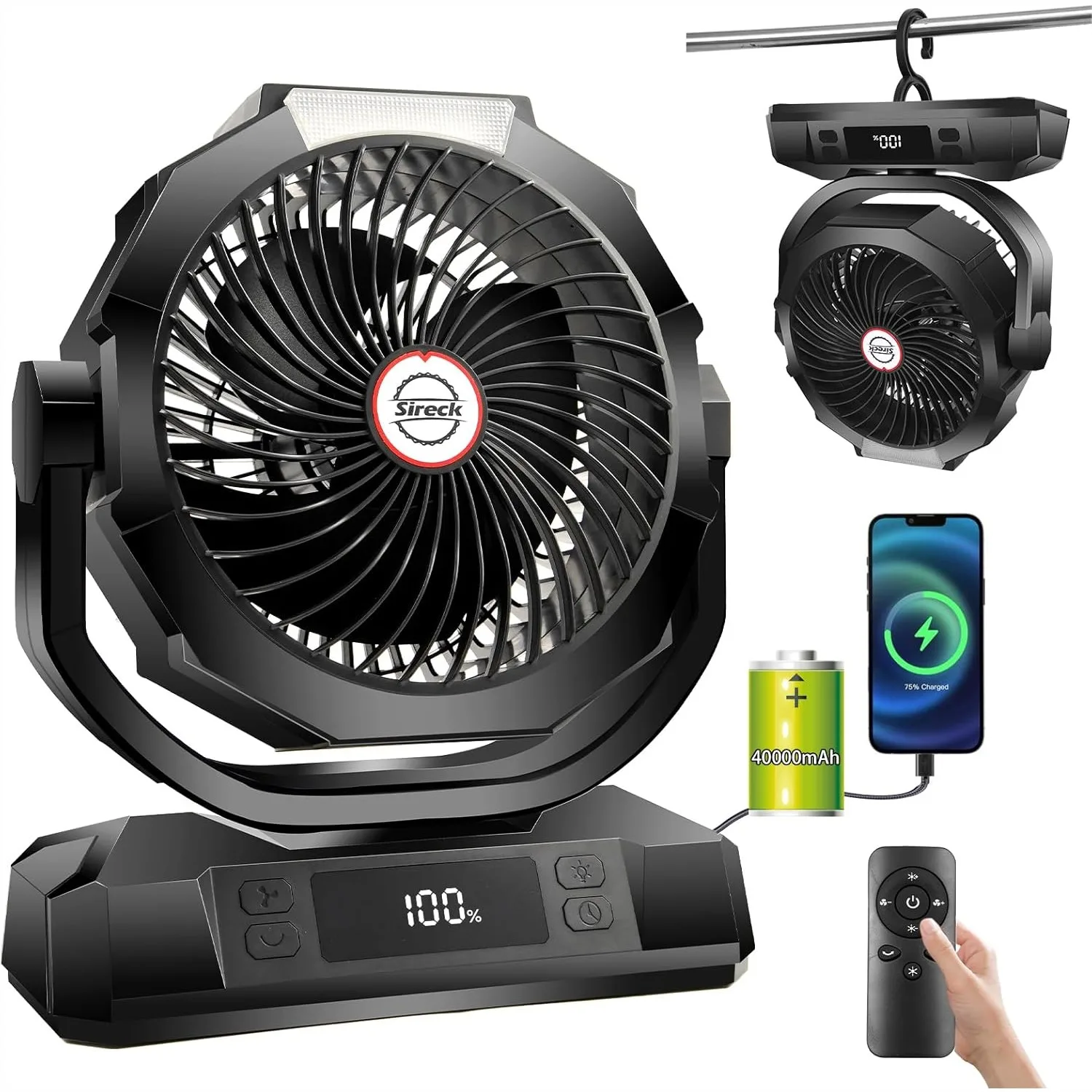 

40000mAh Battery Powered Camping Fan, 12-Inch Portable Personal Fan with Remote, LED Lantern, 6 Speeds, Auto Oscillation