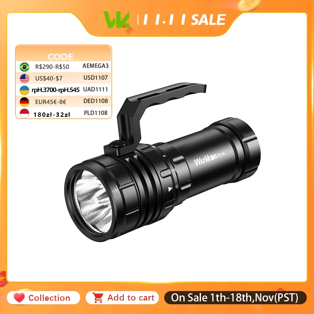 Wurkkos DL46 Professional Scuba Diving Flashlight IPX8 46950 Battery Super Bright 20000LM USB Reverse Charge 6 * XHP50.2
