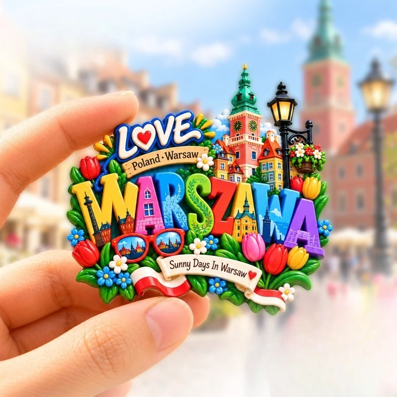 Warsaw Colorful Script Flowers Fridge Magnet - Vibrant 3D Polish Souvenir Unique European Gift for Travel & Home Decor