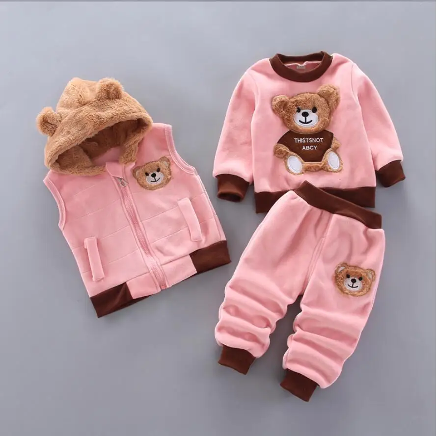 Children Cotton Clothes Set Autumn Winter Thicken Fleece Hoodies Sweater Pants Vest 3pcs Outfits Boys Suits Girls Warm Outerwear