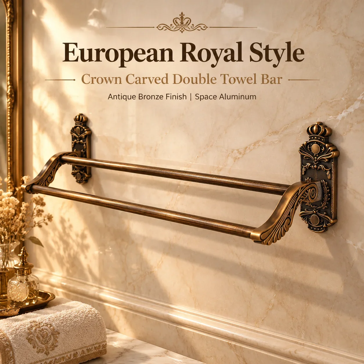 European Crown Carved Double Rod Towel Rack Aluminum Alloy Bathroom Wall Mounted Towel Holder Bronze Double Layer Towel Bar