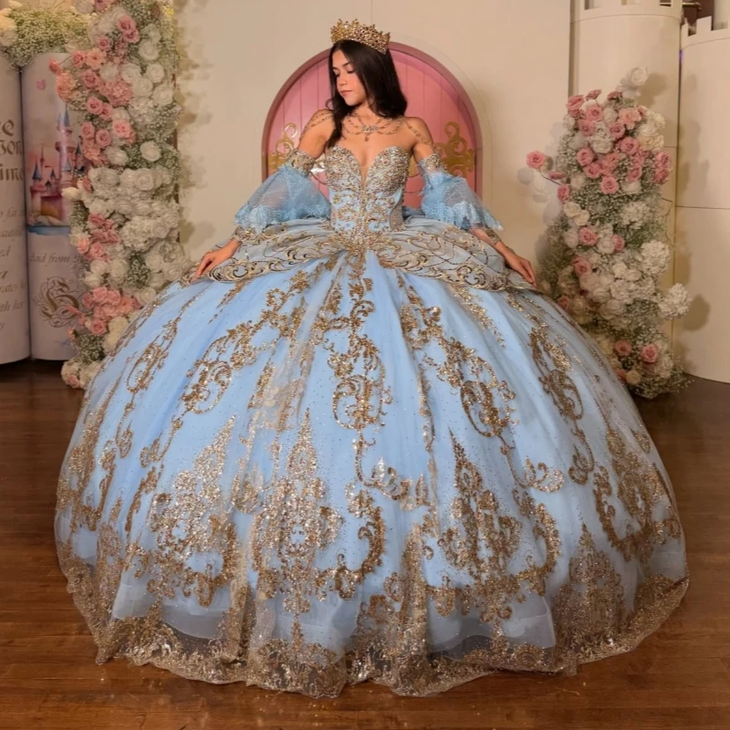 

Sky Blue Shiny Quinceanera Dresses Ball Gown Off The Shoulder Gold Applique Lace Beading Crystal Bow Tull Corset Party Birthday