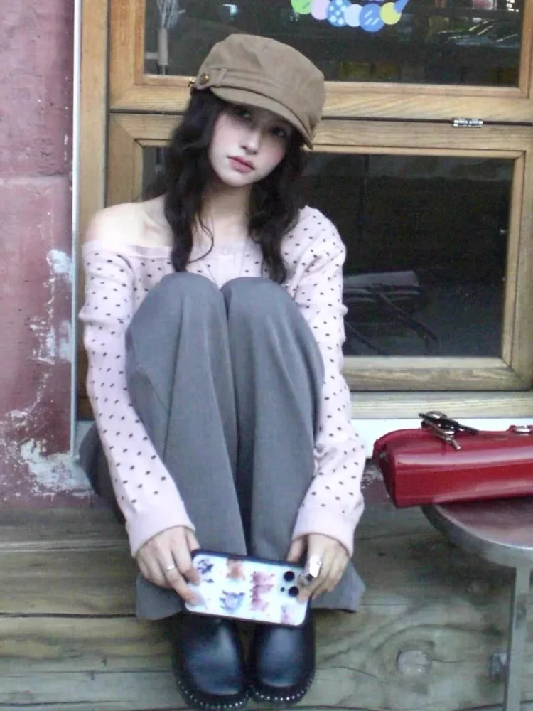 

Polka Dot Off Shoulder Knitted Cardigan Women Autumn New Slim Fit Long Sleeve Sweater Korean Sweet Y2k Crop Top Retro