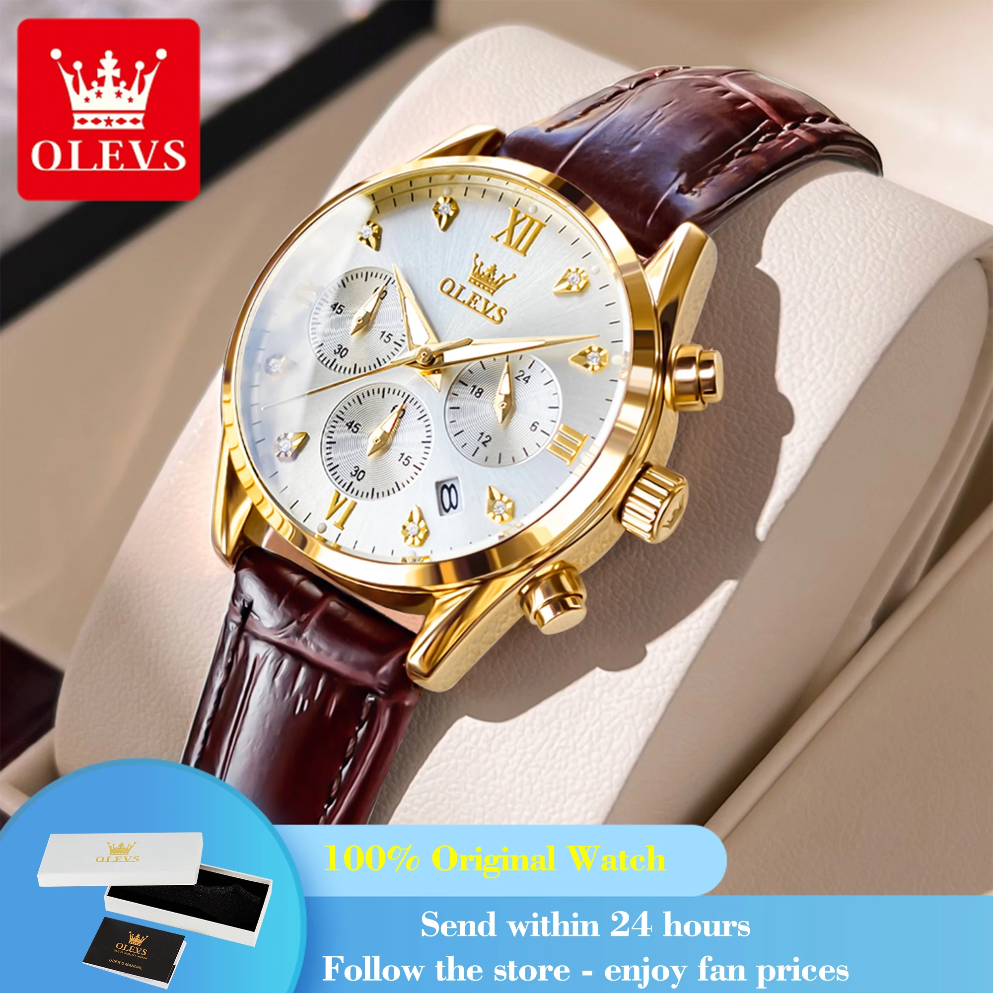

OLEVS 5523 Woman's Watch Chronograph Quartz Watch For Women Waterproof Luminous Diamond Calendar Ladies Leather Wristwatch