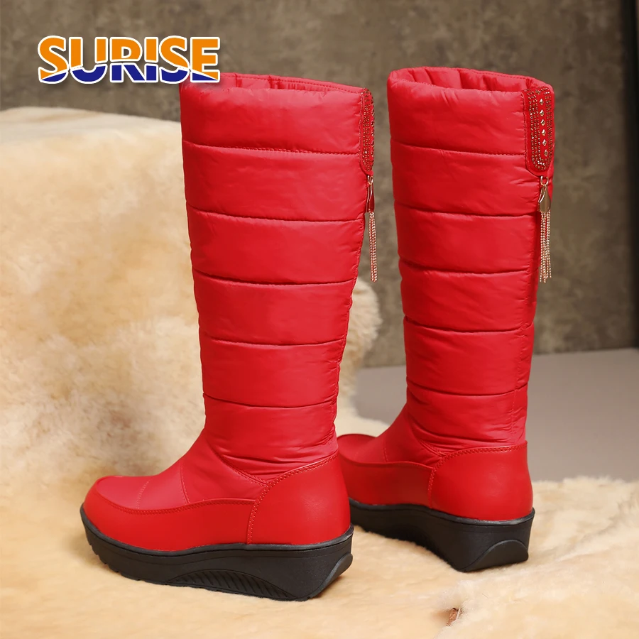 Plus Size Winter Crystal Tassel Women Mid-calf Snow Boots Waterproof Round Toe Warm Down Plush Female Wedge Platform Half Boots