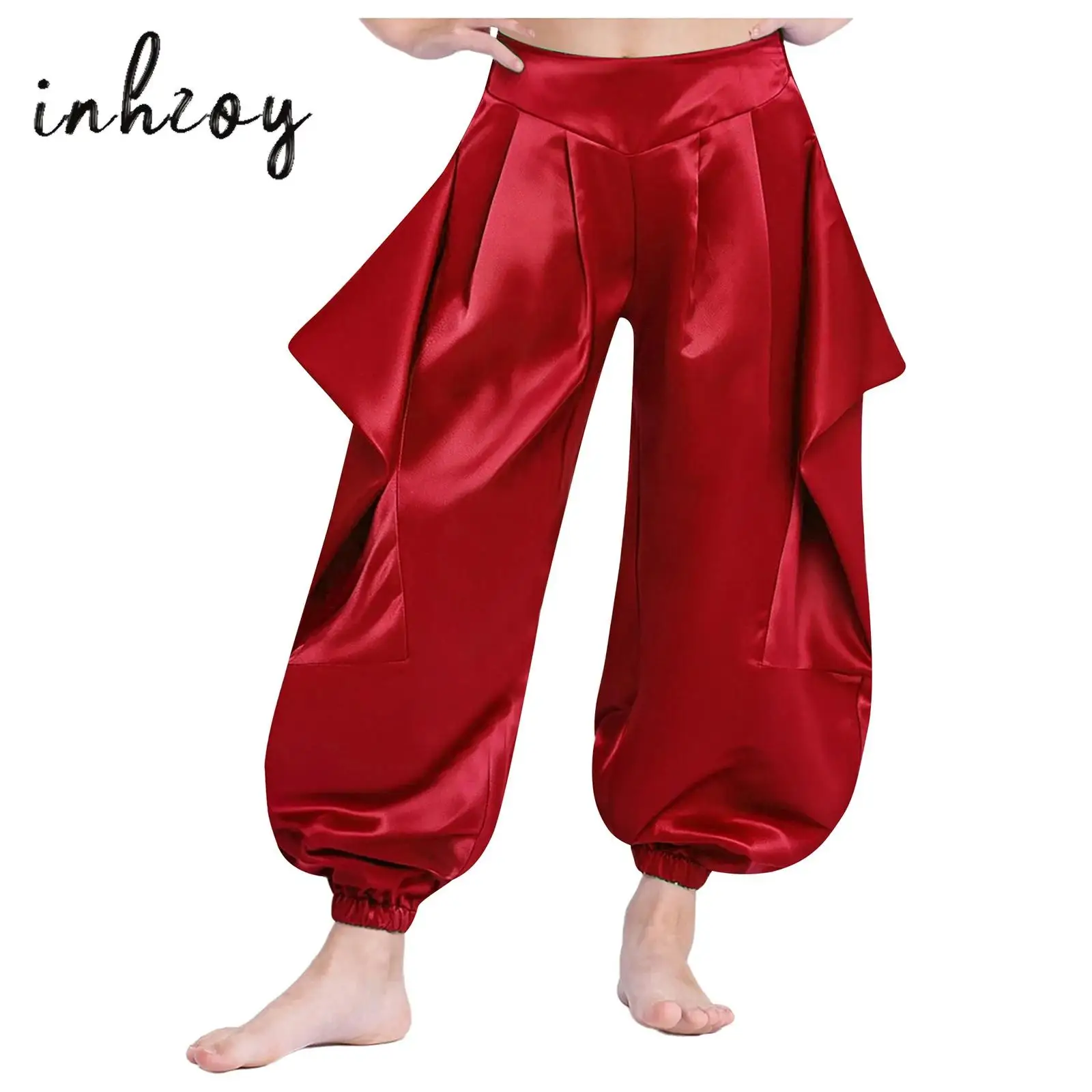 

Kids Girls Belly Dance Harem Pants Indian Dancing Costume Soft Solid Color Ruffled Half Elastic Waistband Pants for Performance