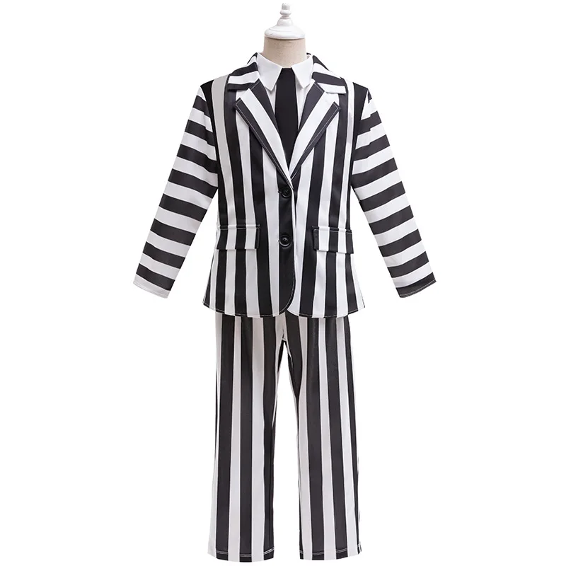 Halloween Movie Underworld Master Cosplay Costume with Beetle Juice Kids Horror Black and White Striped Jacket Pants Shirt Suit