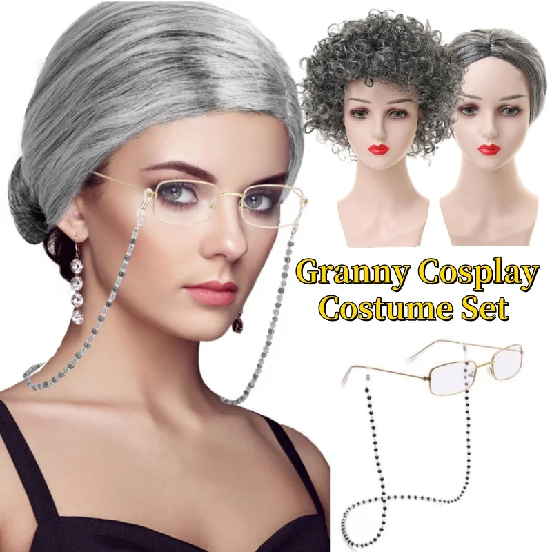 Synthetic Hair 3PC Accessories Old Lady Women Wig Short Curly Gray Granny Machine Made Cosplay Costume Halloween Party Daily Use