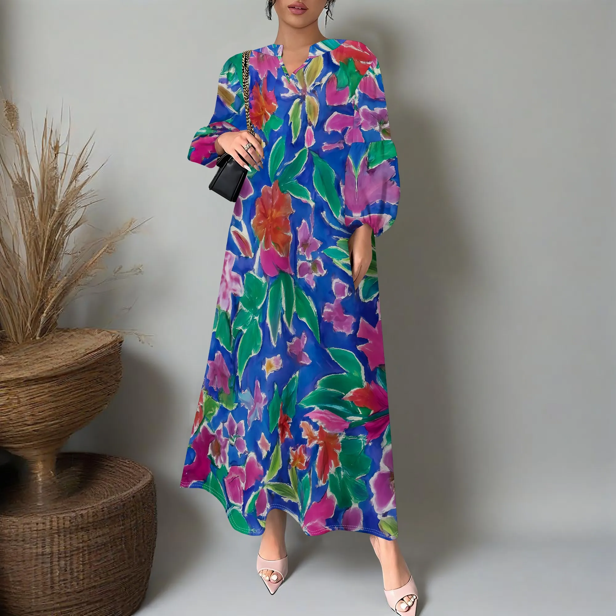 

Women's Artistic Floral Maxi Dress V-Neck Long Lantern Sleeve Loose Fit Sundress XS-3XL