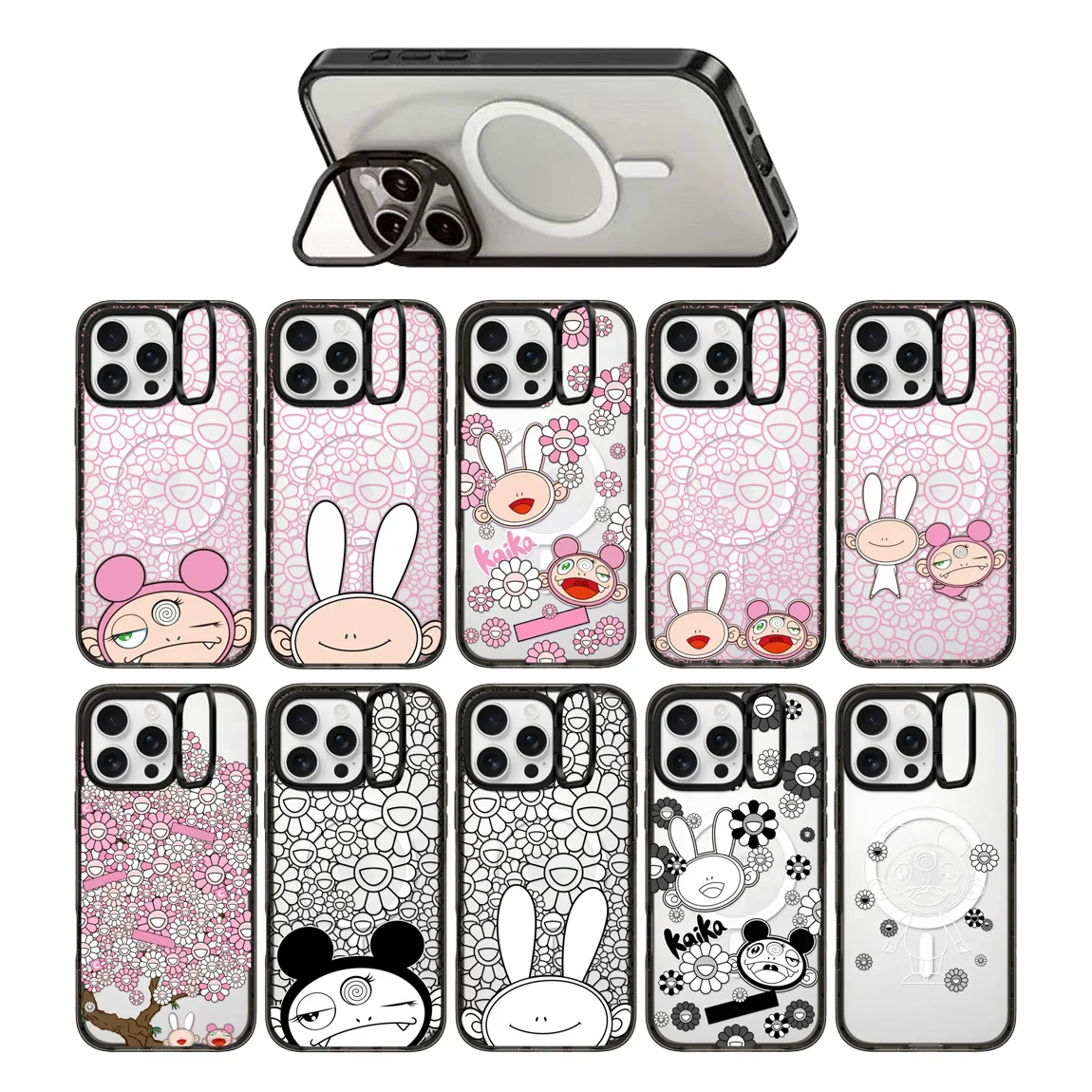

Cartoon Flower Camera Stand Black Acrylic Border Magnetic Case: Compatible with IPhone 12 13 14 15 16 Pro Max