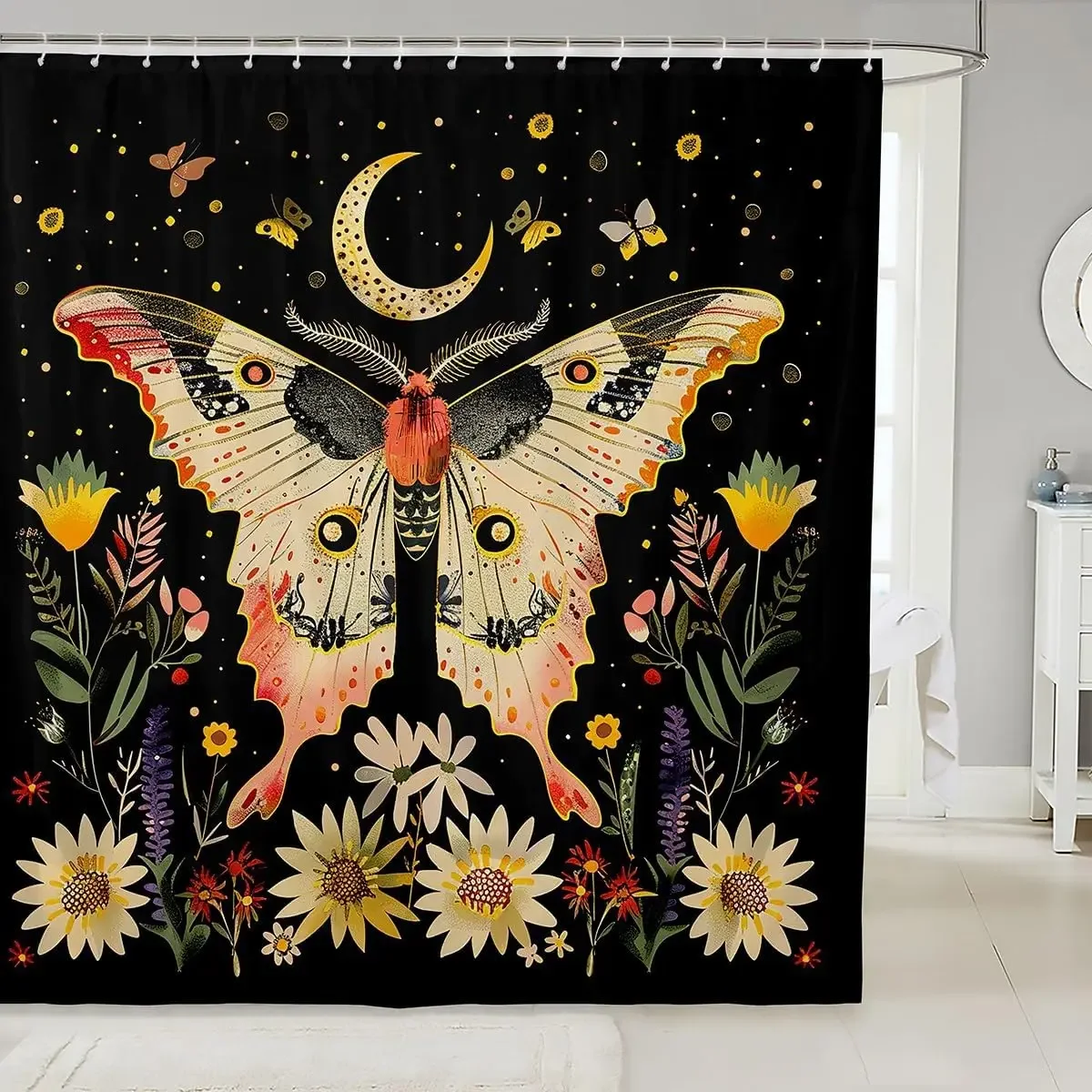 Boho Butterfly Vintage Shower Curtain Moth Magic Witch Wizard Floral Retro Bathroom Decor Flower Plant Polyester Bathtub Curtain