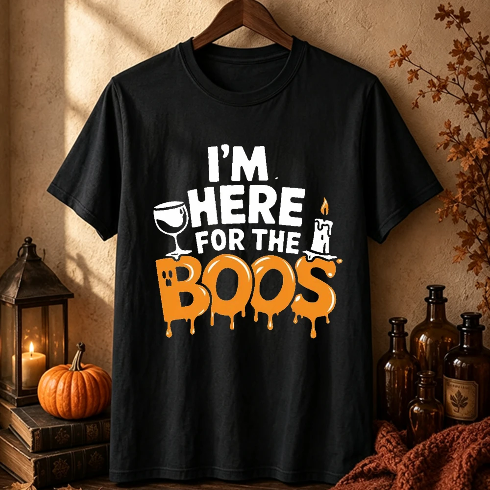 I'm Here for The Boos Halloween Women Cotton Short Sleeve T-Shirt Funny Ghost Wine Candle Spooky Fall Graphic Casual Party Tee