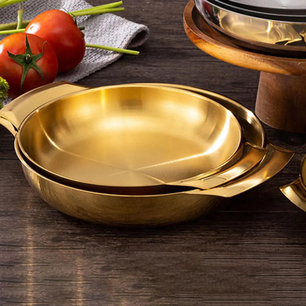 

Dry Pot Stainless Steel 18cm Golden Double Handles Hot Pot Paella Pan Korean BBQ Family Cooking Household Daily Use