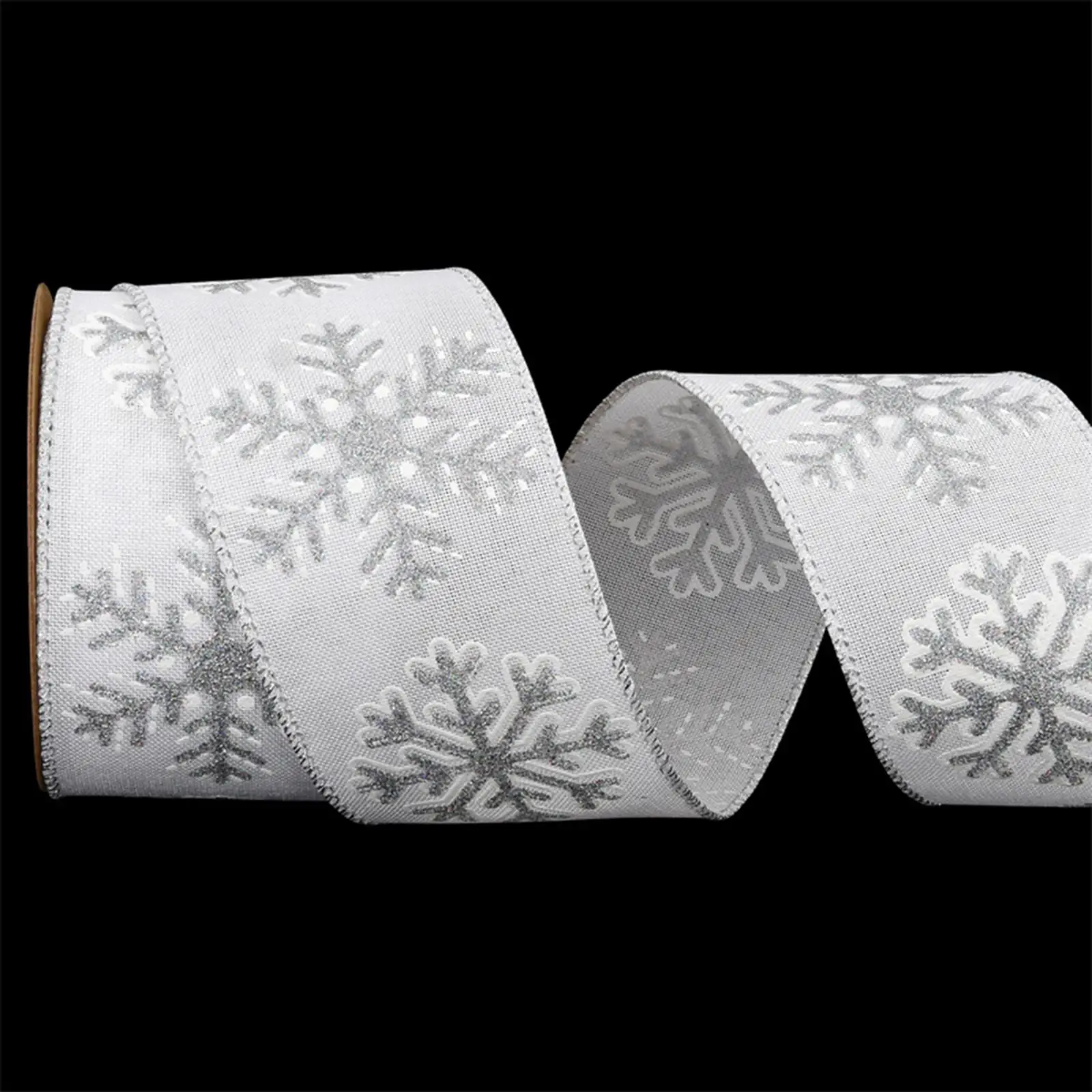 Single Face Printed Ribbon Polyester Satin Wire Edge 63mm White Snowflake Design for Christmas Packaging Craft