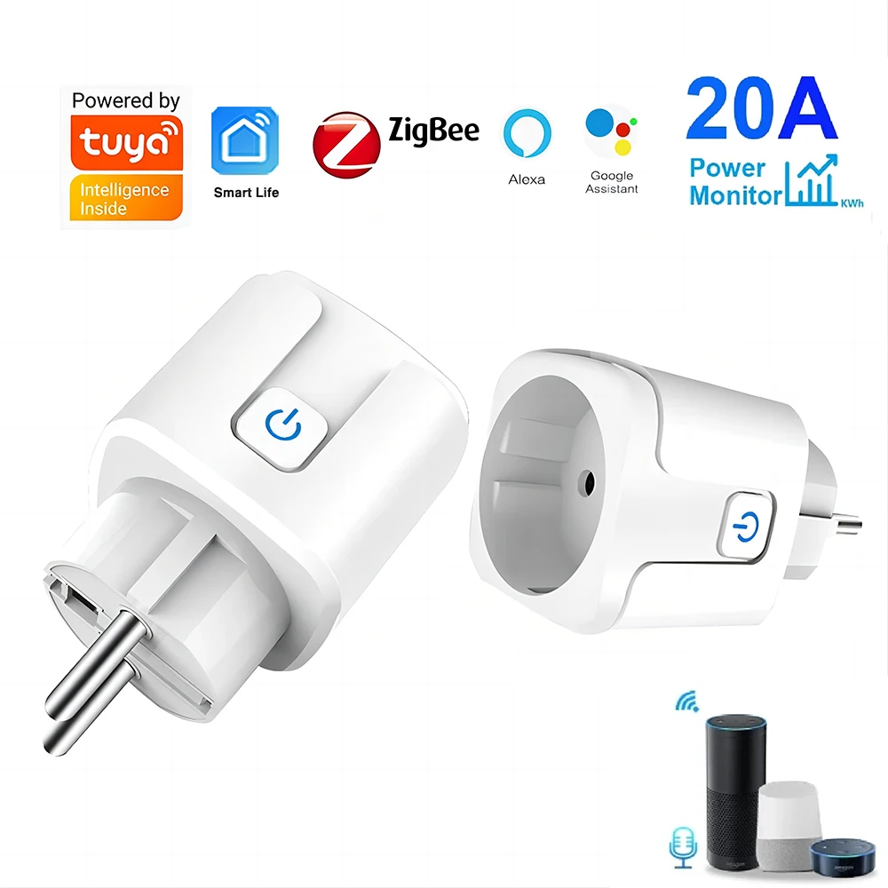 Tuya ZigBee Smart Plug 20A Outlet Socket EU with Power Monitor Timing Function Voice Control Works With Alexa Google Home Alice