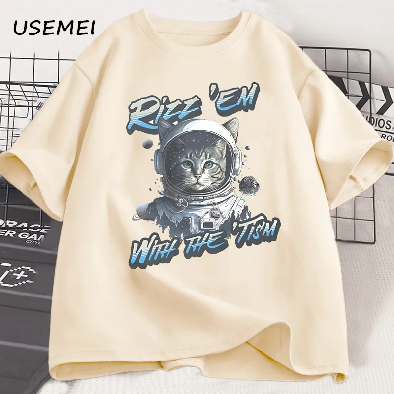 Rizz Em with The Tism Space Cat T Shirt Men Designer Clothes Funny Autism ADHD T-shirt Casual Round Neck Printed Tshirt Clothes