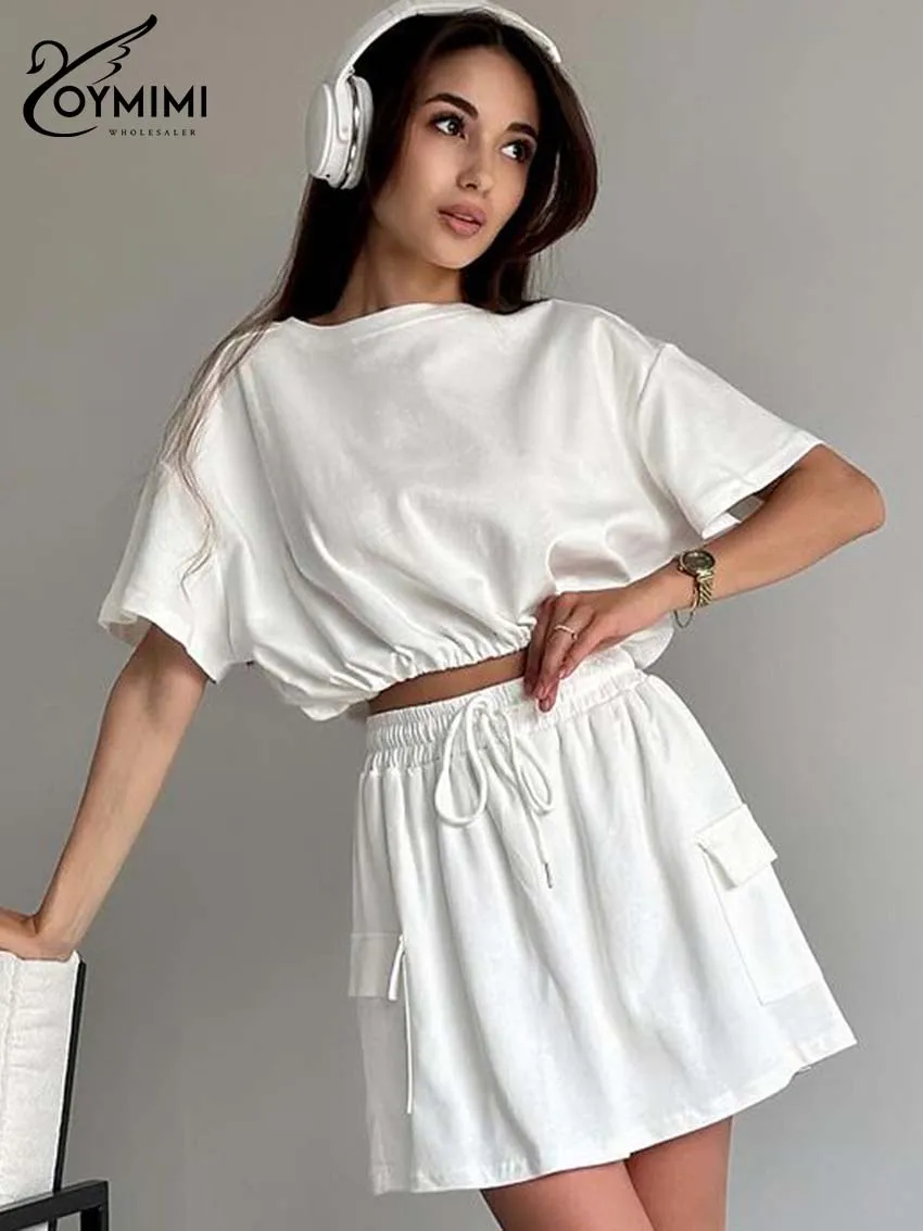

Oymimi Casual White Loose 2 Pieces Set For Woman Fashion O-Neck Short Sleeve Simple Blouses + Drawstring Pockets Mini Skirts Set