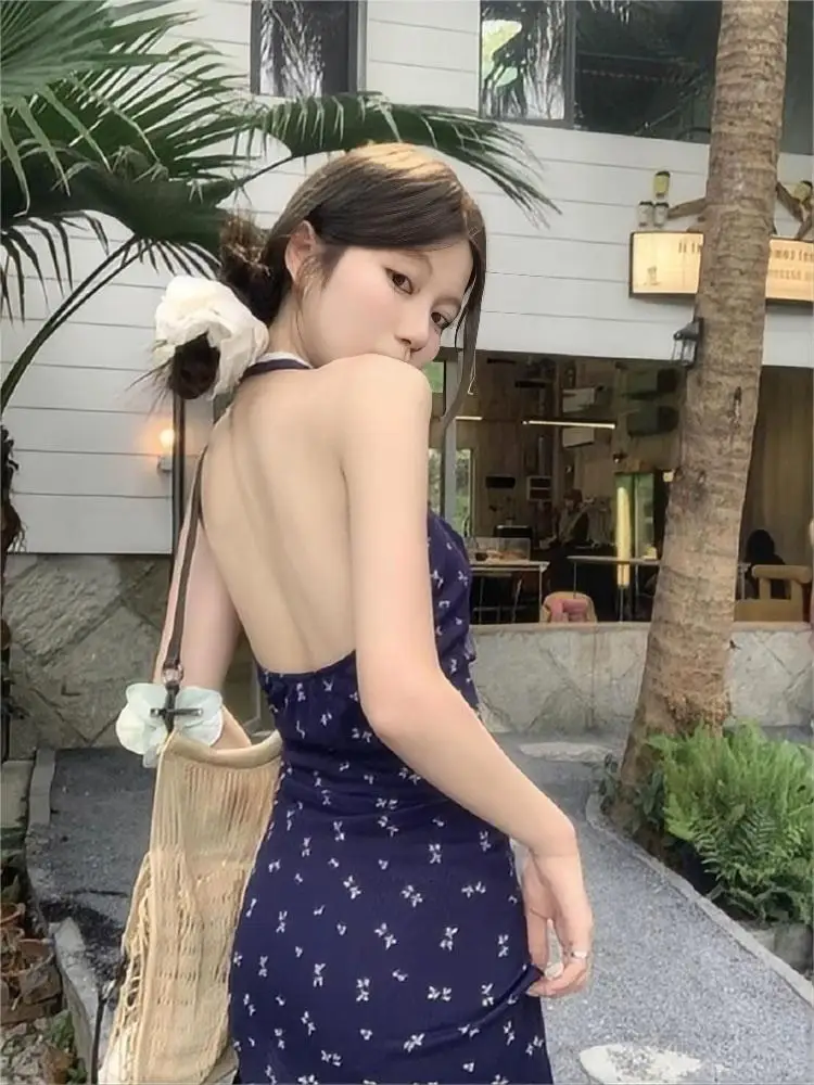 NUOMICI French Lace Splicing Floral 2025 Summer Dress Halter Neck Sleeveless  Waist Slimming Temperament Women Long Dress Beach