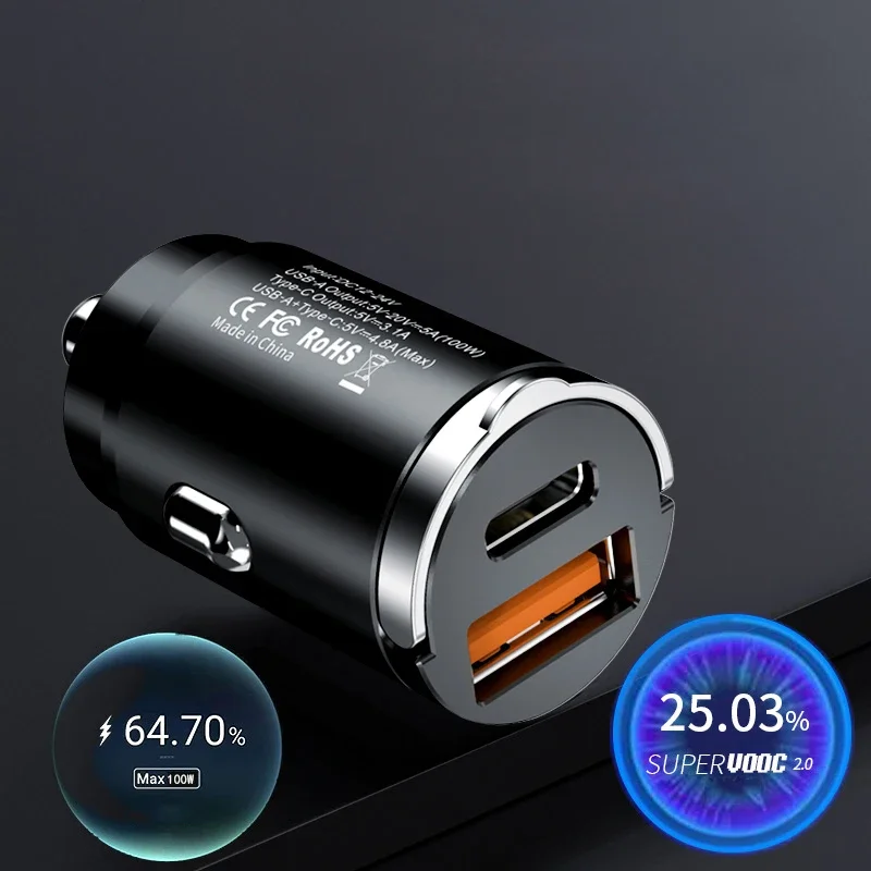 Car Charger USB Type C PD 100W Fast Charging Mini Adapter 12V/24V QC3.0 for IPhone 13 14 12 11 8 Plus IPad Huawei Samsung Xiaomi