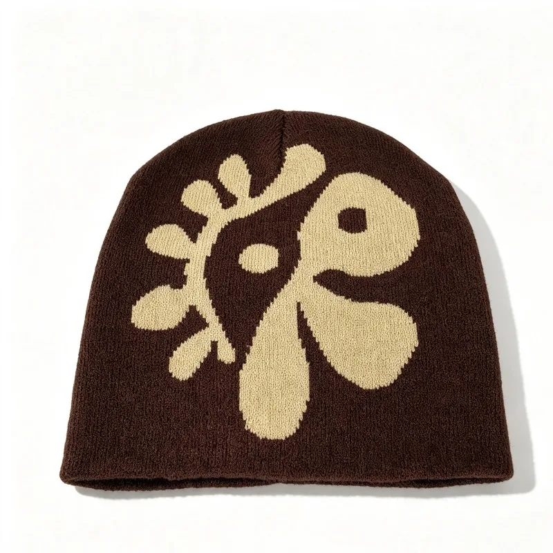 1 Stück Damen Blumenmuster Strickmütze Blumen-Jacquard Skullcap Weiche Dehnbare Warme Gemütliche Kopfbedeckung für Herbst Winter Casual Street Outfits – Detail 8