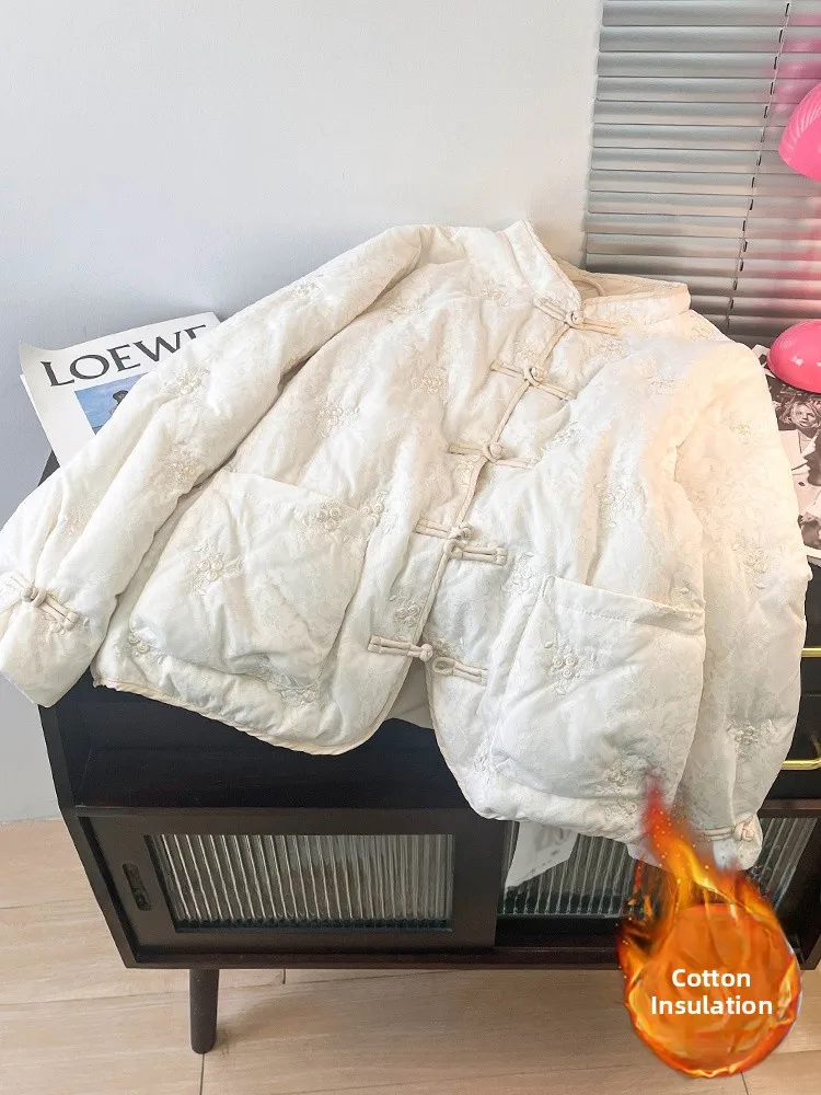 

Новое китайское хлопковое пальто с вышивкой на пуговицах Thi, женское зимнее длинное пальто в стиле ретро с воротником-стойкой