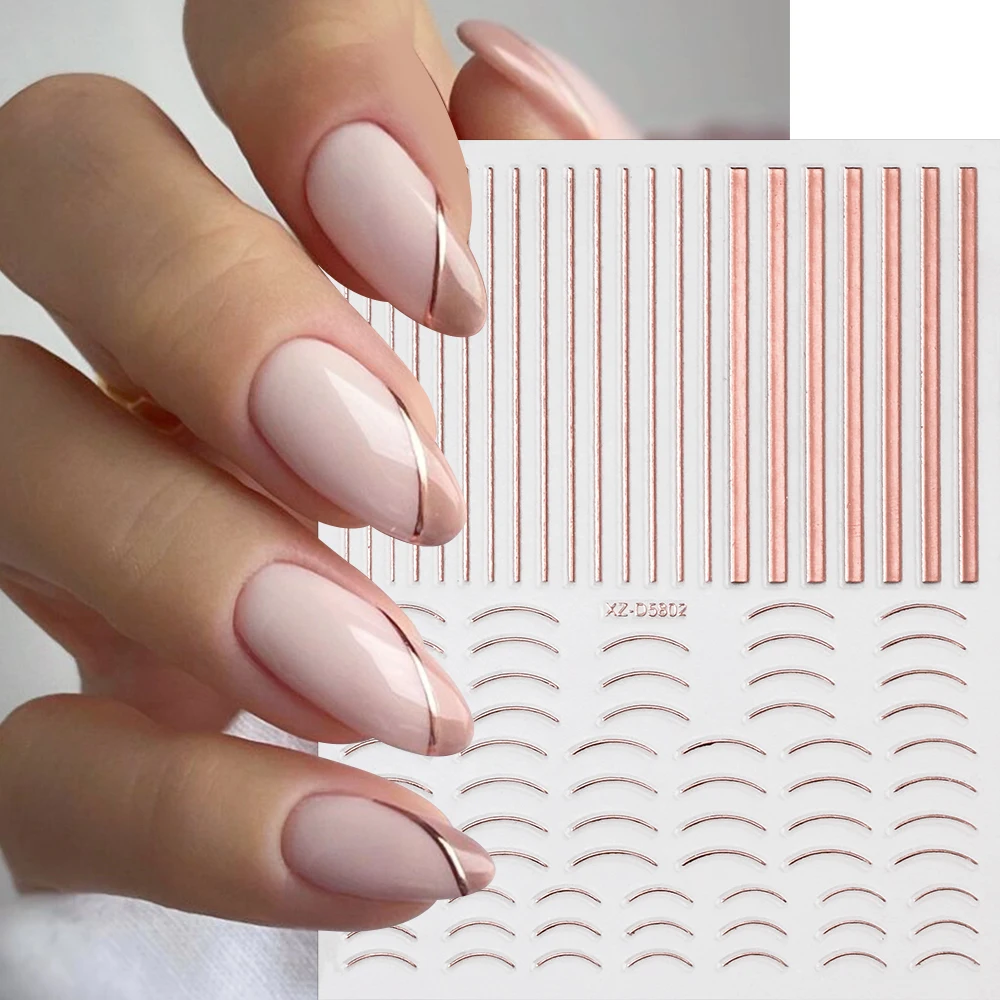 12Pcs 3D Rose Gold French Lines Nail Art Stickers Metal Curve/Stripe/Wave/Geometry Self-Adhesive Decals DIY Manicure Decoration