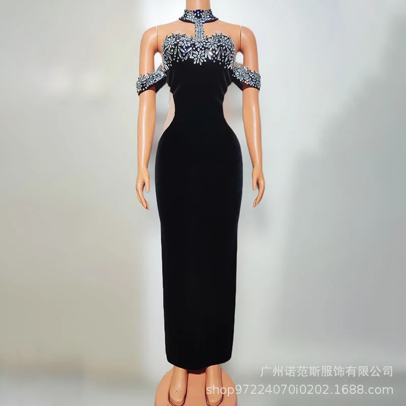 2025 Black Sewn Diamond Velvet Long Dress Bridal Engagement Toast Clothes Miss Universe Choose Beautiful Clothes Birthday Dress