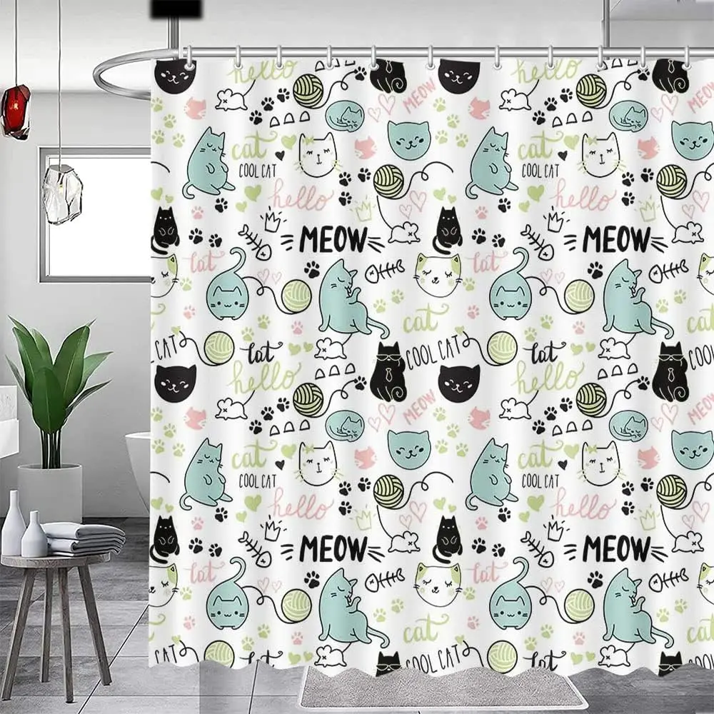 

Cat Shower Curtain for Kids Children Cute Pets Paw Bathroom Curtain Decor Funny Shower Curtain Washable Durable Fabric Bathroom