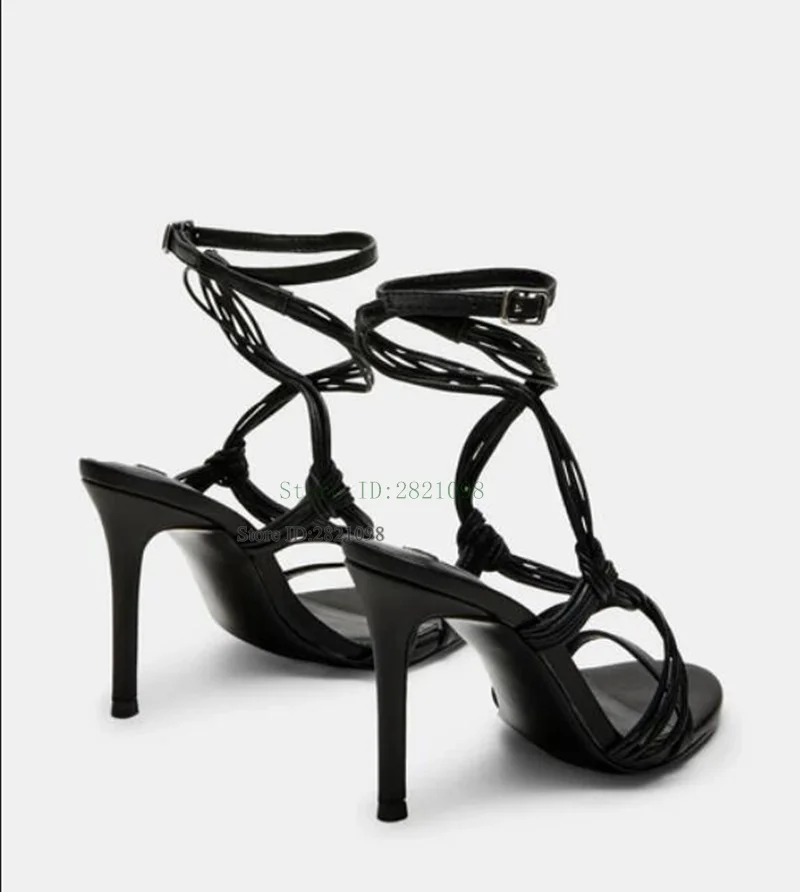 Black Leather Strappy Design Ankle Strap Thin Heeled Summer Shoes Woman Ankle Wrap High Heel Sandals Women Party Shoes