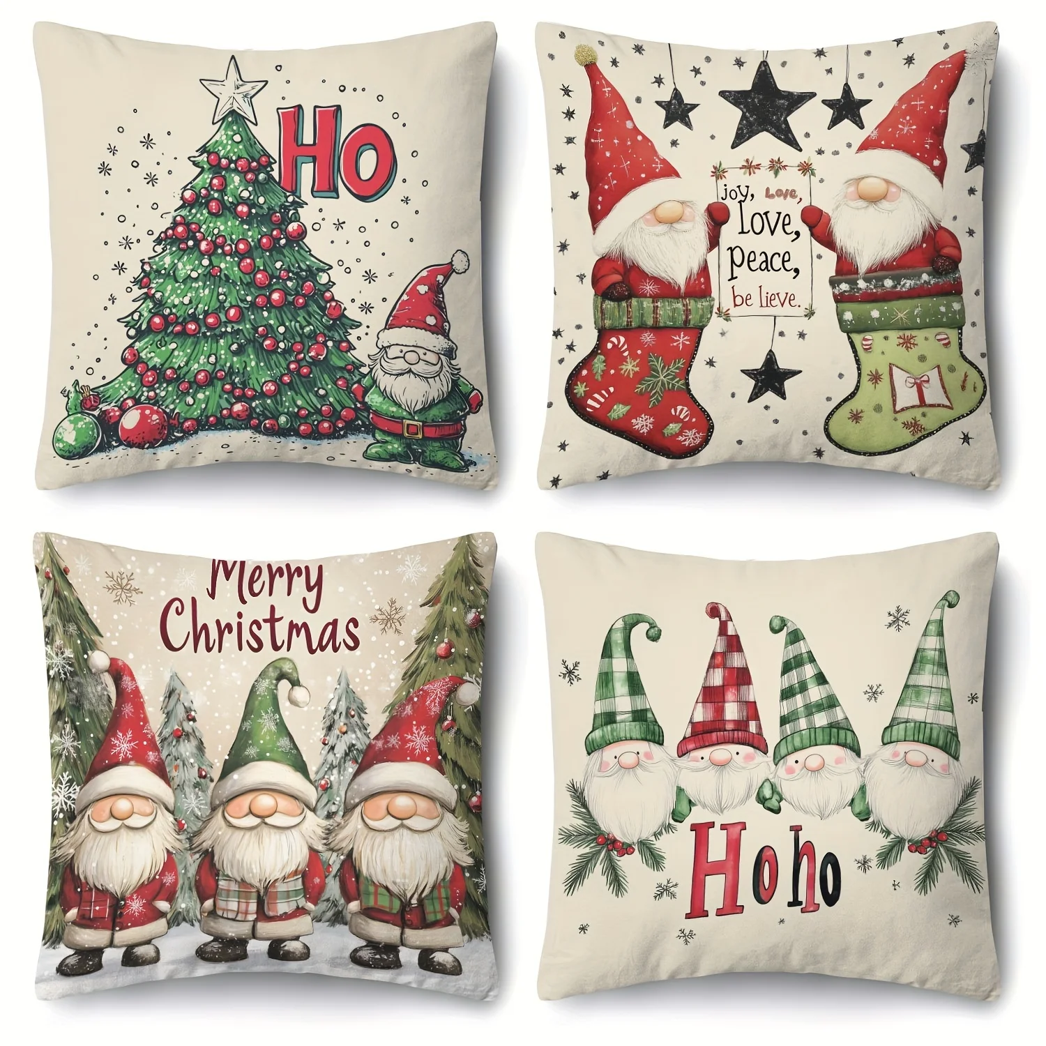 4-Pack Festive Christmas Pillow Covers, 18x18 Inch, Contemporary Style, Zippered Polyester Cushion Cases, Machine Washable
