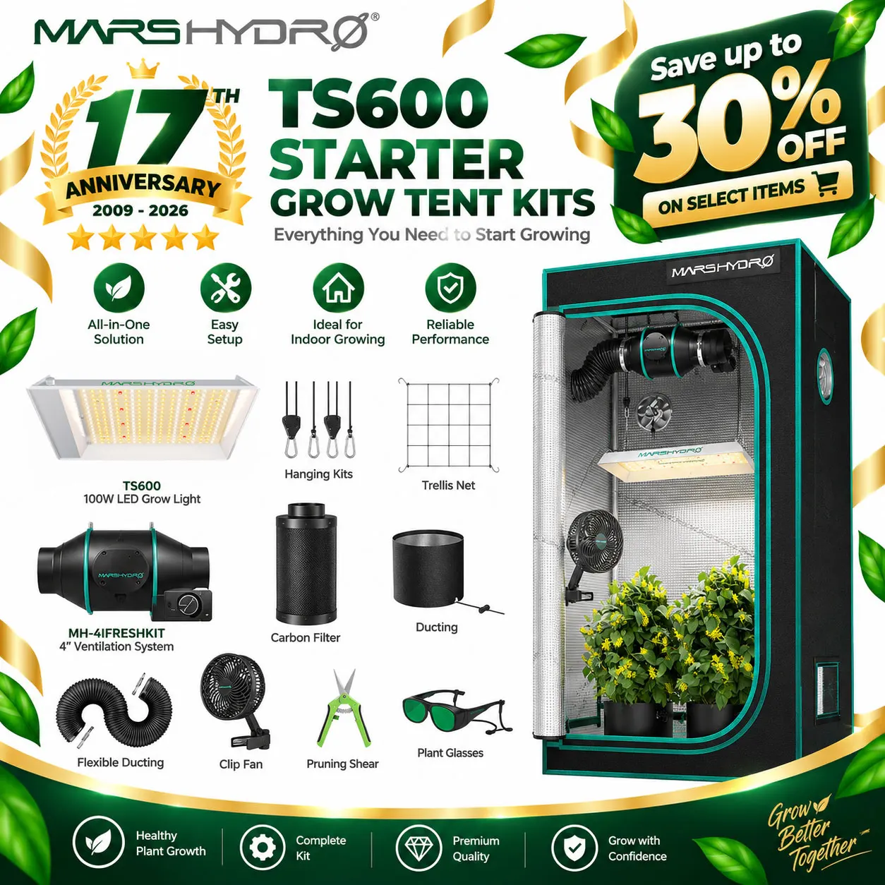 MARS HYDRO 60x60x140cm Growbox Komplettset+TS 600 LED GrowZelt+Inline Lüfter Kit