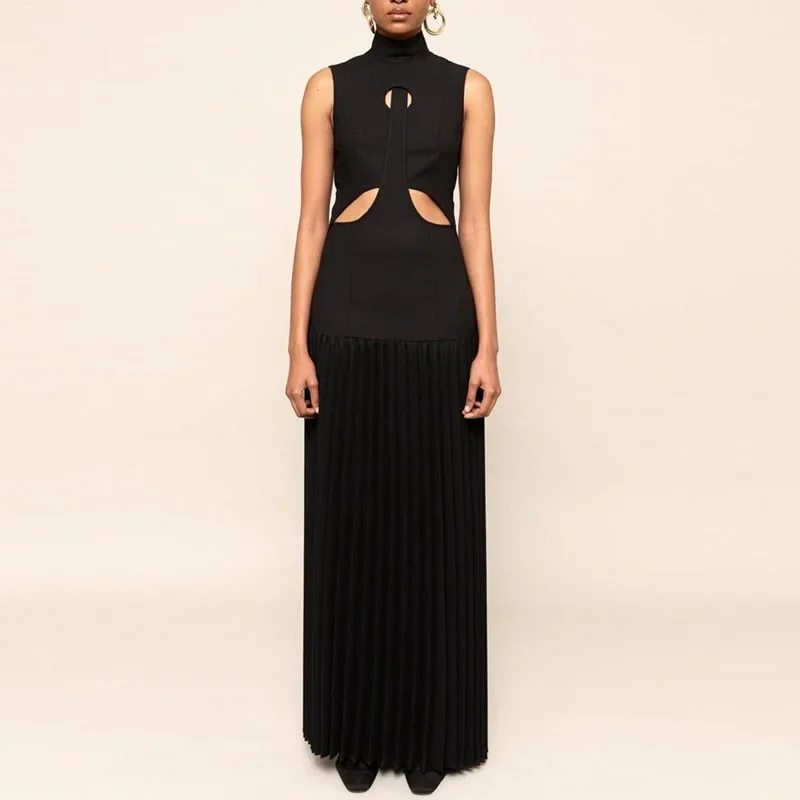 Damska Sukienka Dzianinowa z Golfem, Wąska, Wiosenna, Seksowna, z Wycięciami, z Wysokim Stanem, Plisowana, Długa Sukienka Letnia Bez Rękawów w Stylu Boho Maxi