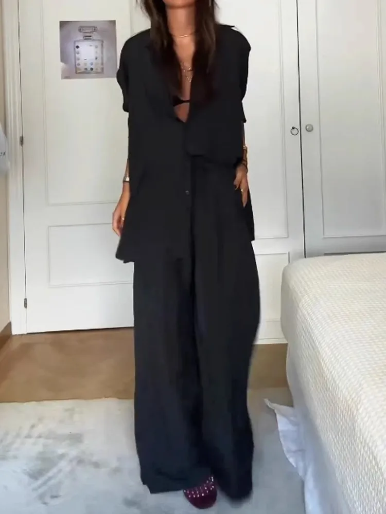 Setelan Jas Hitam Fashion Terbaru Wanita Musim Gugur Lengan Panjang Kancing Satu + Celana Saku Elegan 2 Potong Set Pakaian Kantor Kasual