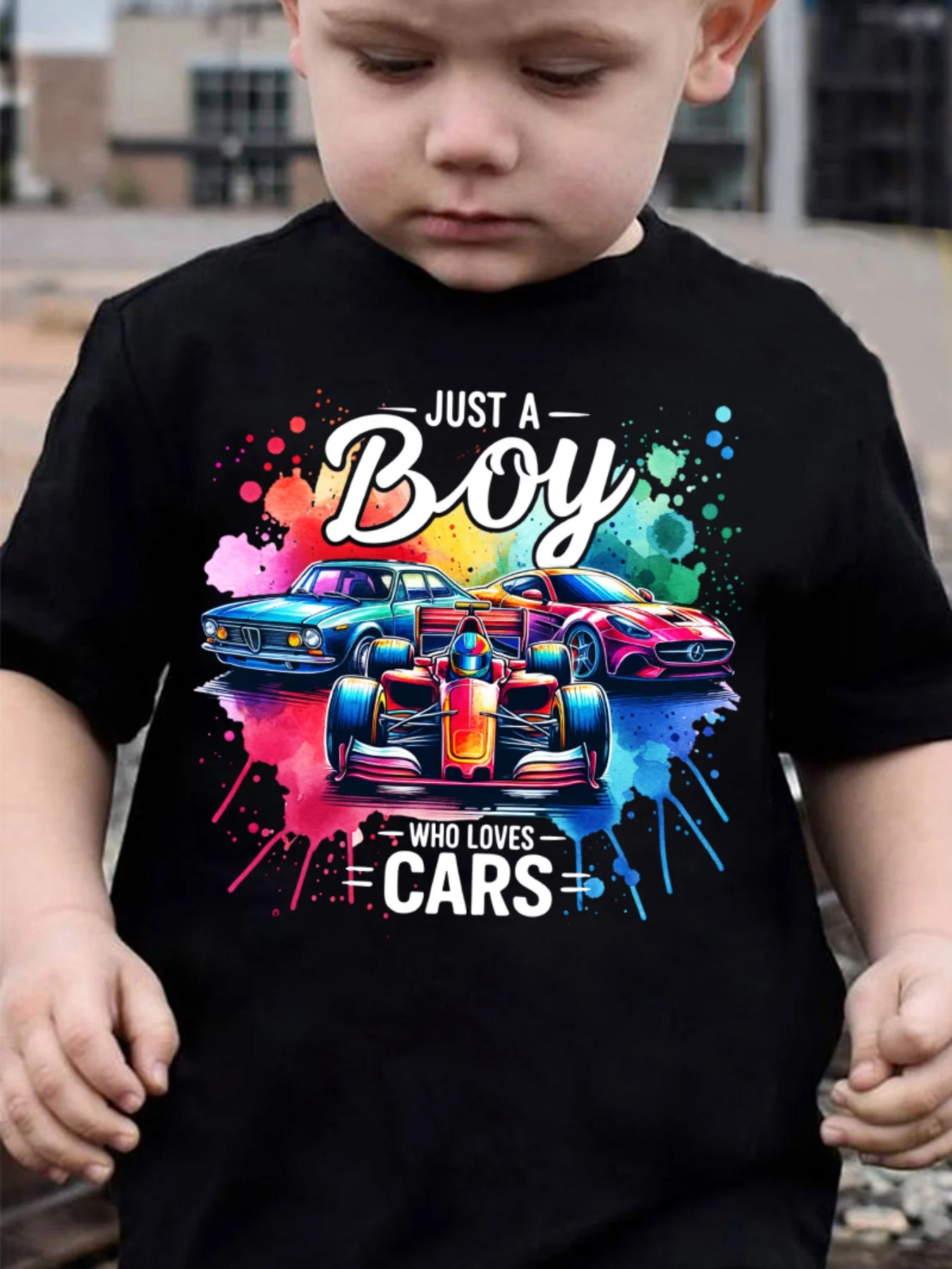 DX5528 Boys JUST‑A‑BOY‑WHO‑LOVES‑CARS‑Colorful‑3‑Car‑Print Casual Summer Outdoor Crew‑Neck T‑Shirt