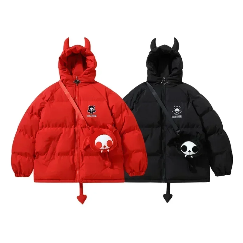 Winter New Warm Down Jacket Retro Little Devil Cartoon Wings Coat Women’s Street Harajuku Casual Loose Hooded Cotton Jacket Coat