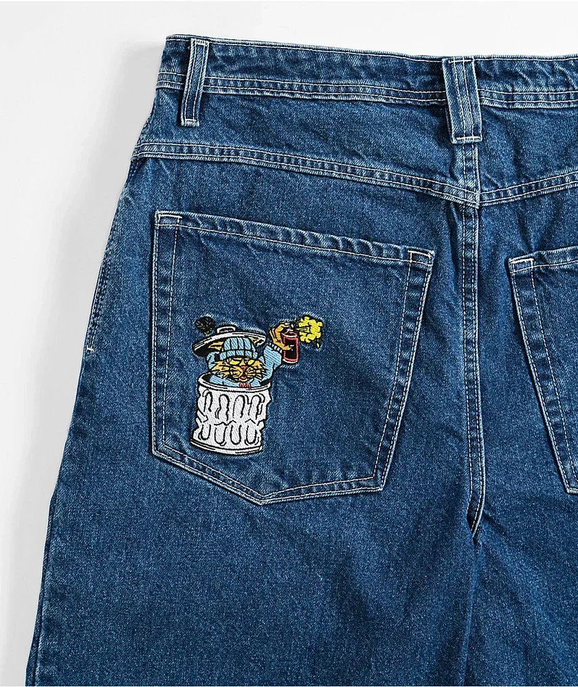 Y2K New Products Ultra Loose Blue Denim Skate Shorts Cowboy Skateboard Shorts Cartoon Embroidery Loose pants HipHop Street Jeans