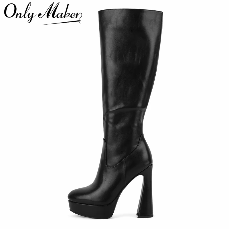 Onlymaker Black Platform Knee High Boots with Thin Heel Side Zipper Boots