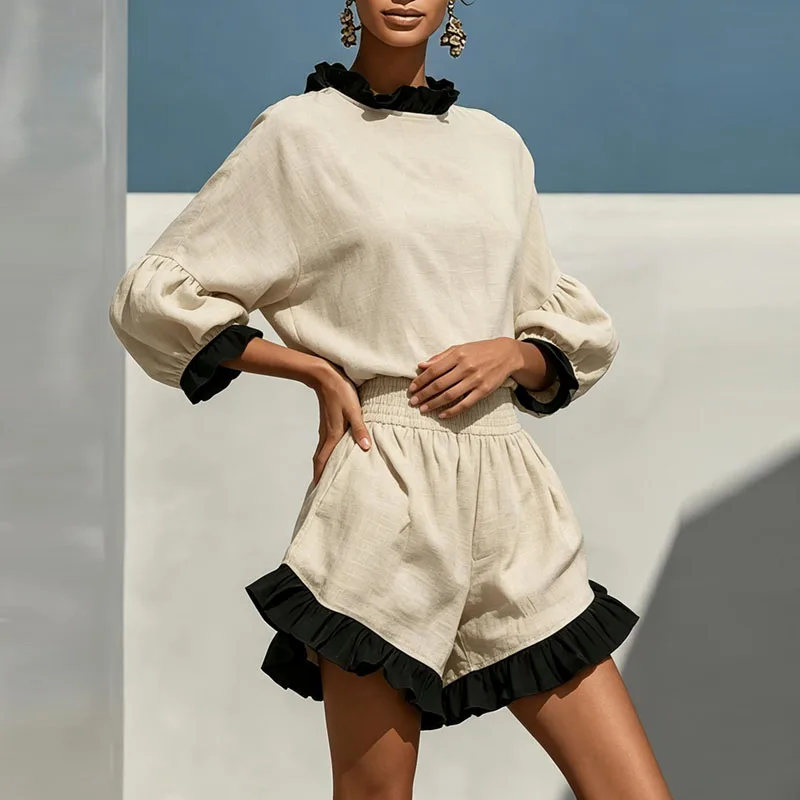 Boho Contrast Ruffle 2 Piece Sets Ladies Lantern Sleeve Blouse & High Waist Shorts Outfits Loose Vacation Daily Casual Tracksuit view 2
