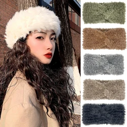 Winter Warm Thick Furry Hairband Fluffy Russian Faux Fur Women Girl Cross Headband Hat Winter Outdoor Earwarmer Ski Hats