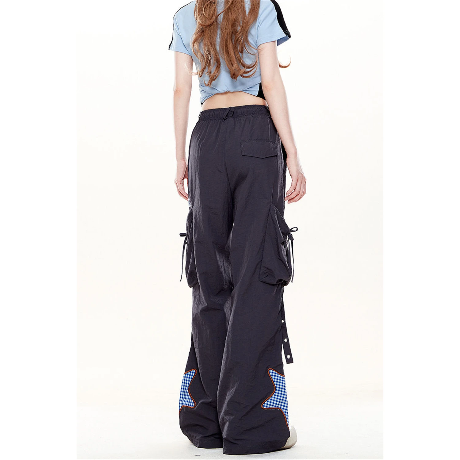 Women's Wide Leg Cargo Pants Fashion Star Gingham Patch Multiple Pockets Drawstring High Waist Y2K Casual Streetwear Trousers