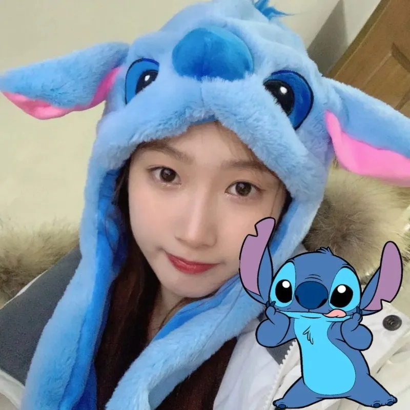 New Kawaii Stitch Cartoon Innovative Hat Anime Cute Girl Plush Warm Blue Hat Will Move When You Pinch Your Ears Birthday Gift