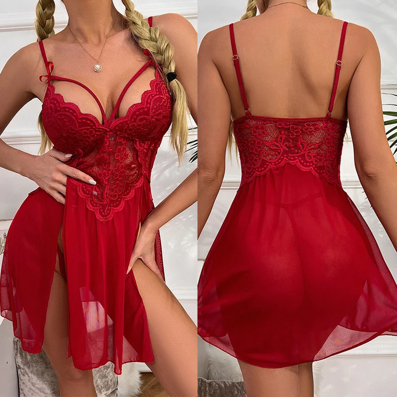 

Red Nightdress Erotic Crotchless Lingerie Women See Through Bra & Brief Sets Sexy Open Split Baby Doll Dress Porno Underwear Set