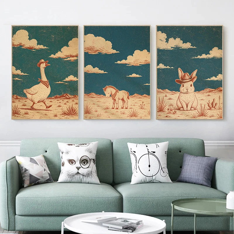 Retro Linocut Pony Nursery Poster Buffalo Plains Rabbit Desert Modern Prints Canvas Painting Wall Picture Home Living Room Decor