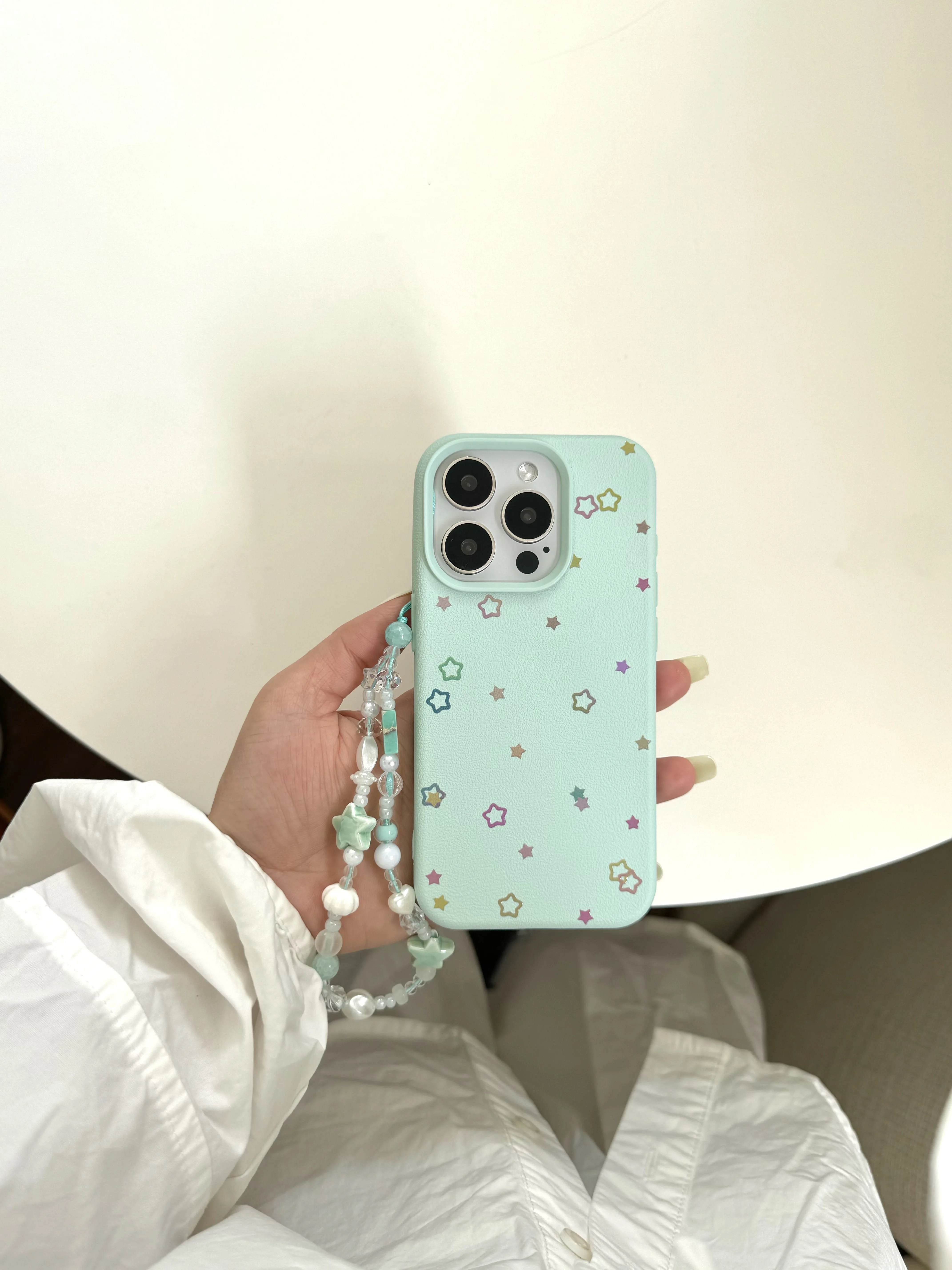 Coque de téléphone en cuir vert menthe pour iPhone, coque arrière, petites étoiles, cordon de poignet Bergame, coréen INS, 16, 15, 14, 13 Pro Max