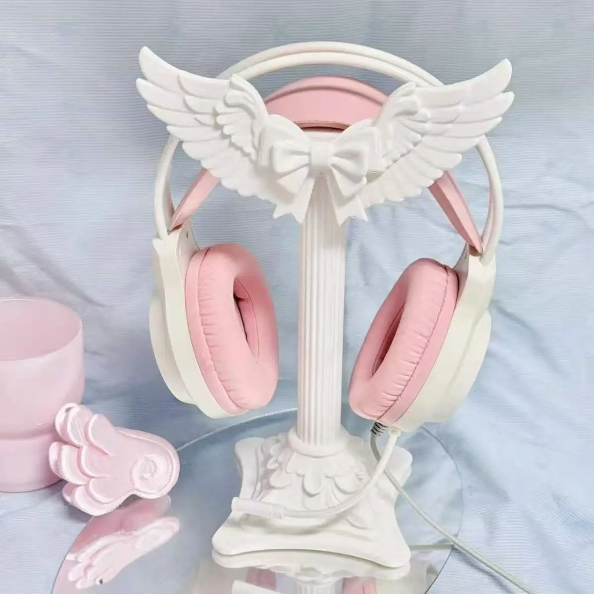 Lolita Pure White Angel Wing Headphone Stand with Bow Headphone Stand for Girlish Hearts Roman Column Style Desktop Decoration