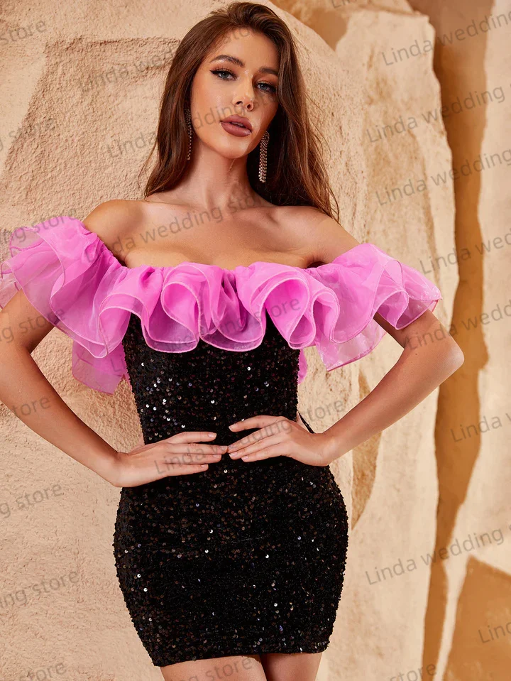 Fashion Black Prom Gown Short Party Dresses Off The Shoulder Ruched  Women Sleeveless Cocktail Mini Sequined Formal Dress