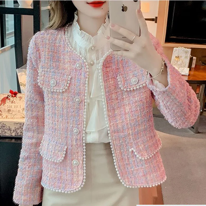 Spring Autumn Women\'s Woolen Coat Pink Small Fragrant Wind Coat Nailed Bead Short Jacket Tweed Coat Ladies Tops Female Outerwear