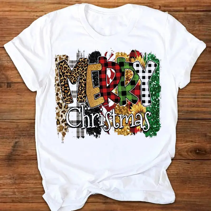 

Leopard Letter 90s Trend Women Graphic Merry Christmas Wear New Year Short Sleeve T Shirt Print Tops Tees Clothing T-Shirt