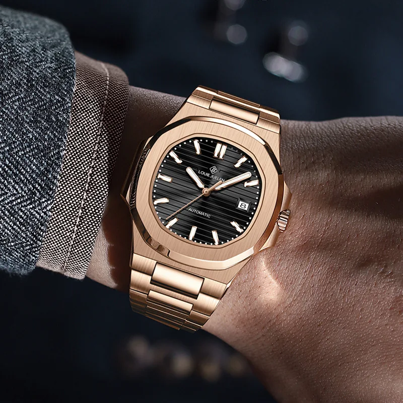 ساعات رجالية 2026 ساعة أوتوماتيكية جديدة فاخرة باللون الذهبي الوردي للرجال من الفولاذ المقاوم للصدأ مقاومة للماء بتقويم ميكانيكي للرجال #6