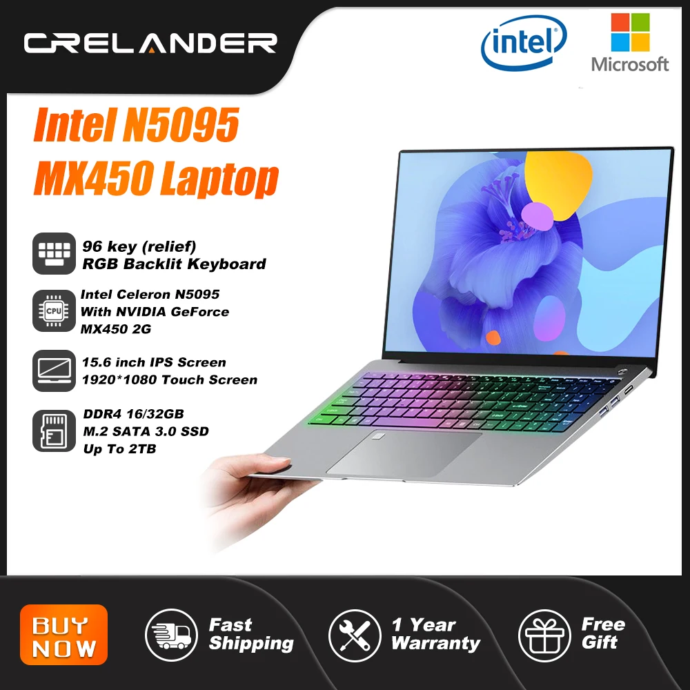 Crelander Gaming Notebook 15,6 pouces IPS écran tactile Intel n5095 Quad - Core mx450 2G RGB rétroéclairage Slim laptop